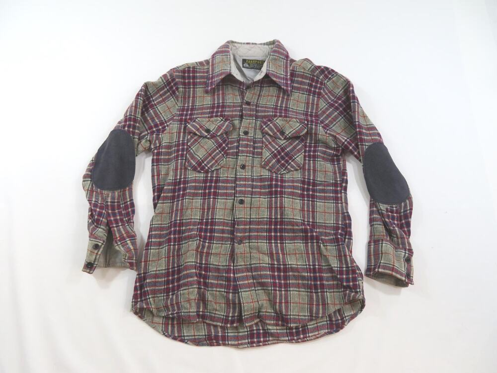 Passport Wool Plaid Red Gray Flannel Shirt Sz S-M? 1970s